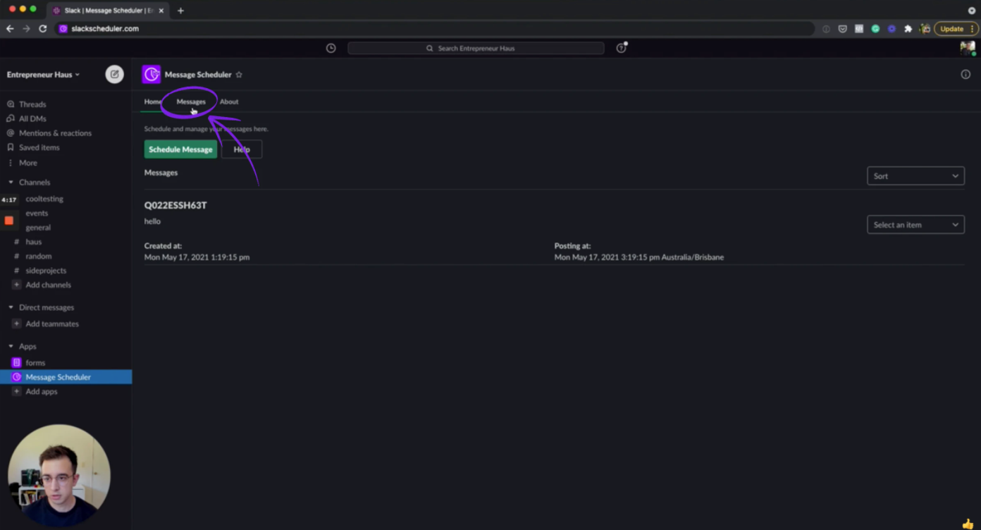 slack scheduler home dashboard demo screenshot
