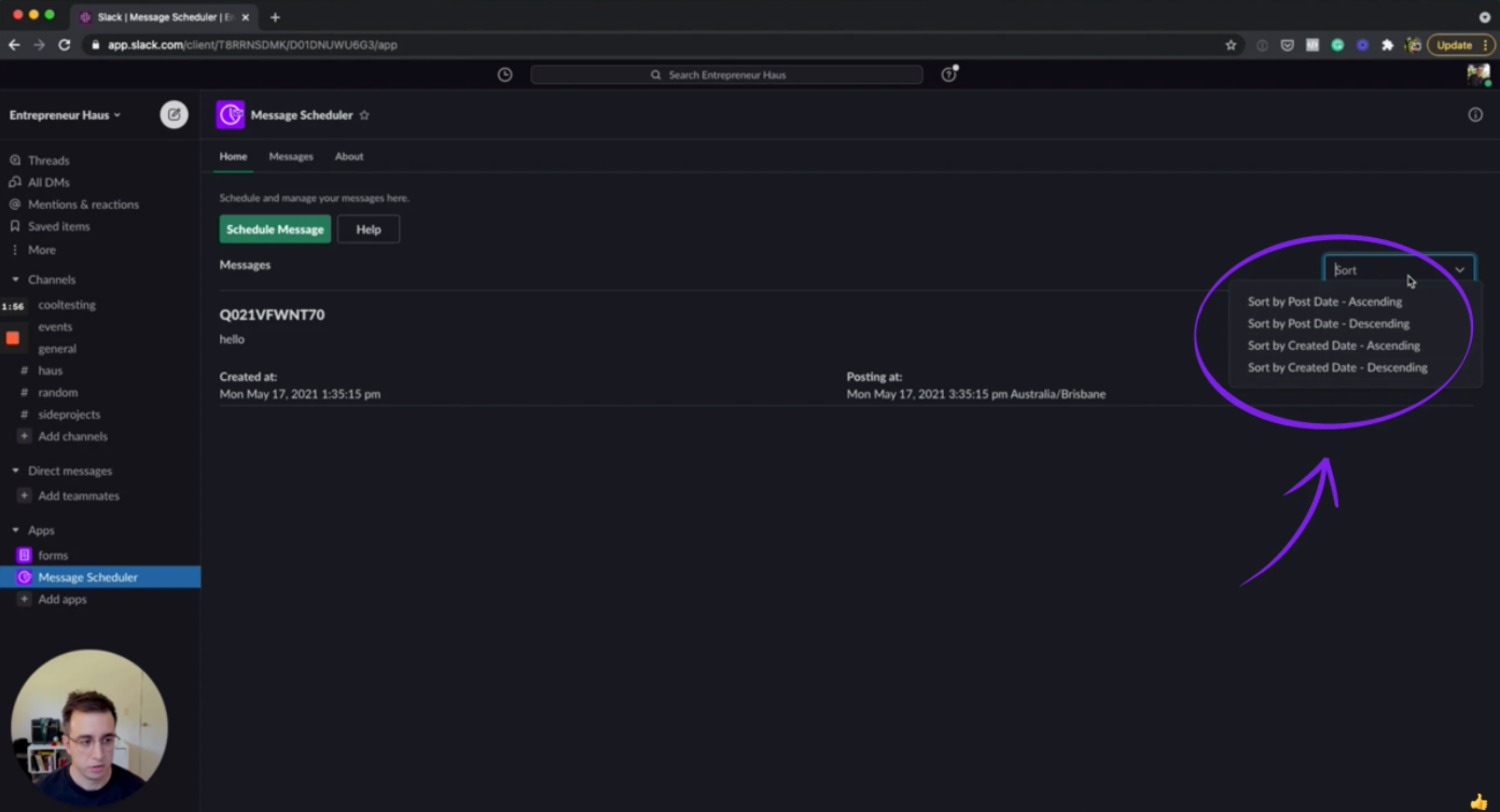 slack scheduler home dashboard demo screenshot