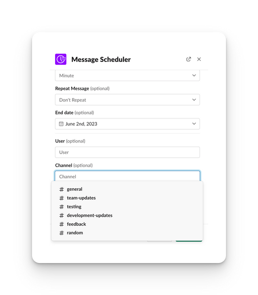 screenshot of slack advanced scheduler with user selecting multiple slack channels