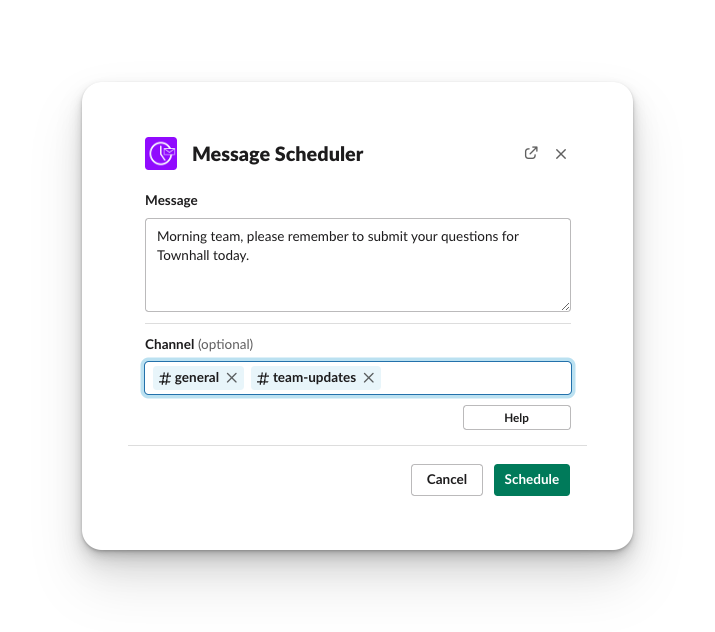 screenshot of slack scheduler modal that lets you schedule slack messages to multiple channels